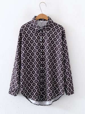 Floral Print Collared Loose Long Sleeve Shirt – Women’s Top