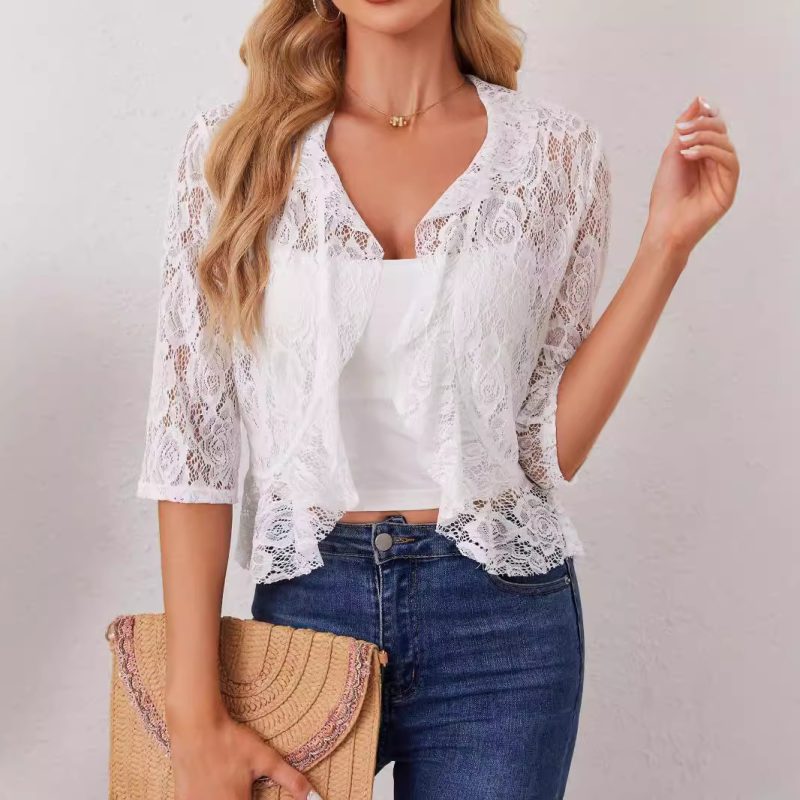 Elegant Ruffled Lace Top - Short Open Placket Women’s Blouse - Image 4