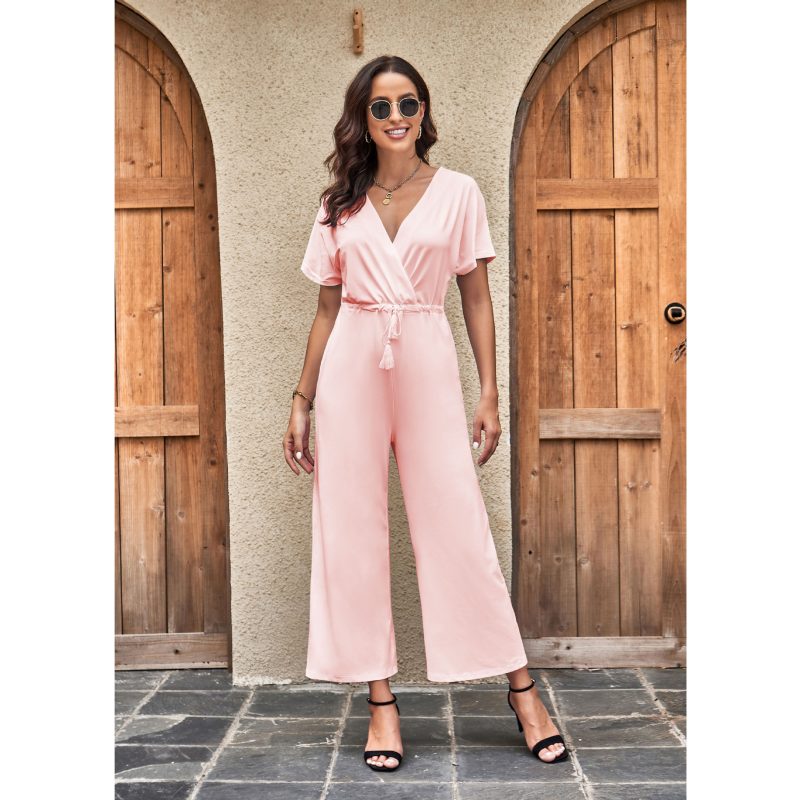 Wide Leg Casual Loose Lace-Up Waist Solid Color Pocket Jumpsuit - Image 2