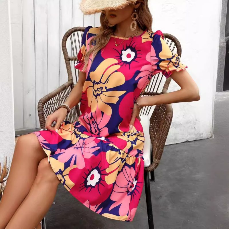 Elegant Floral Print Vacation Dress with Lantern Sleeves - Image 4