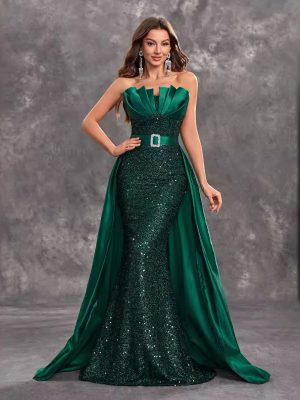 Women’s Sequined Tube Top Satin Cloak Prom Evening Dress