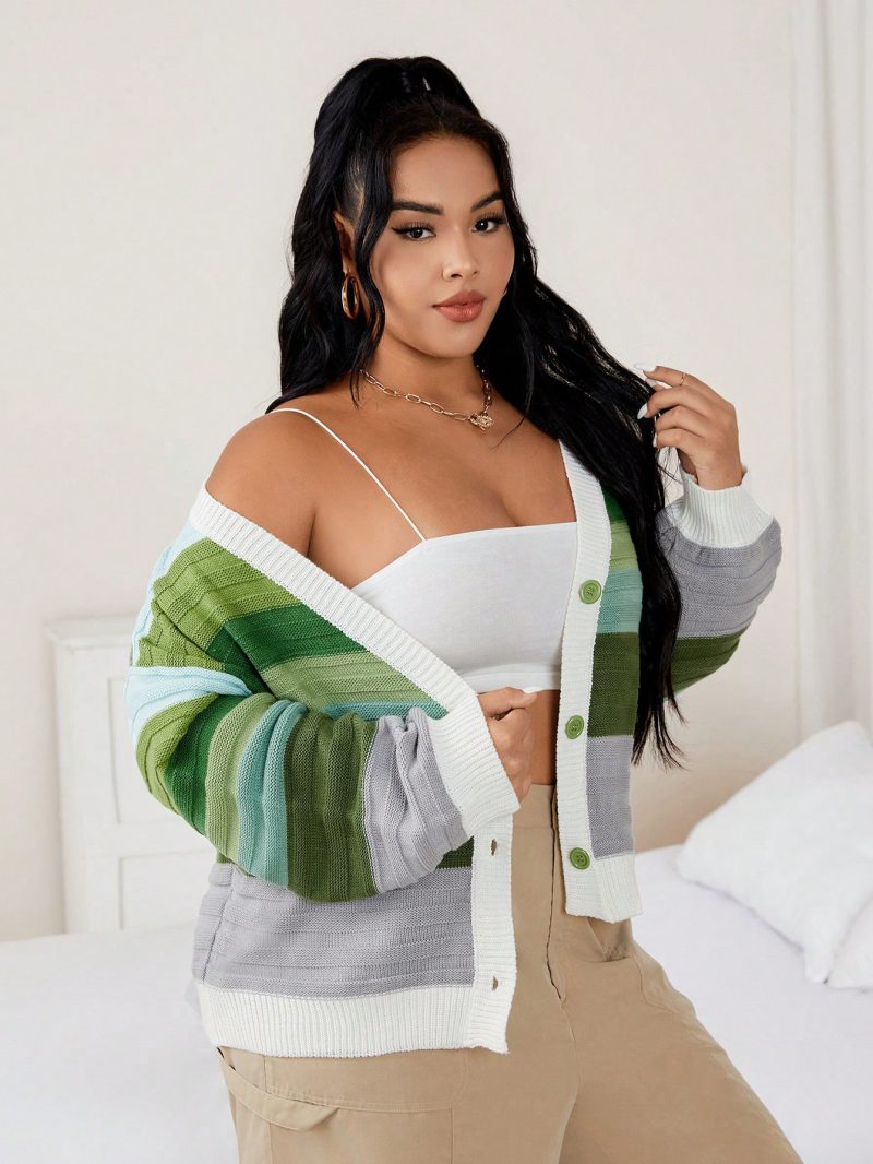 Striped Knit Cardigan Coat - Buckle-Free Autumn/Winter Wear - Image 6