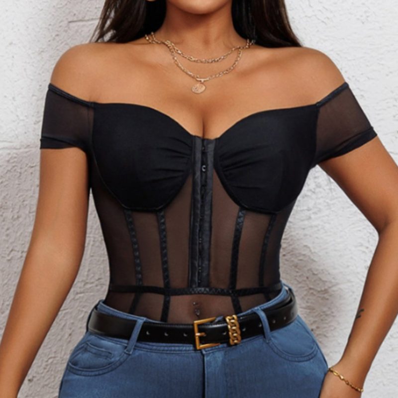 Black Mesh See-Through Off-Shoulder Jumpsuit - Sexy Design - Image 4