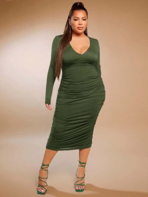 Plus Size Sexy V-Neck Pencil Dress – High Waist & Ruched, Autumn/Winter