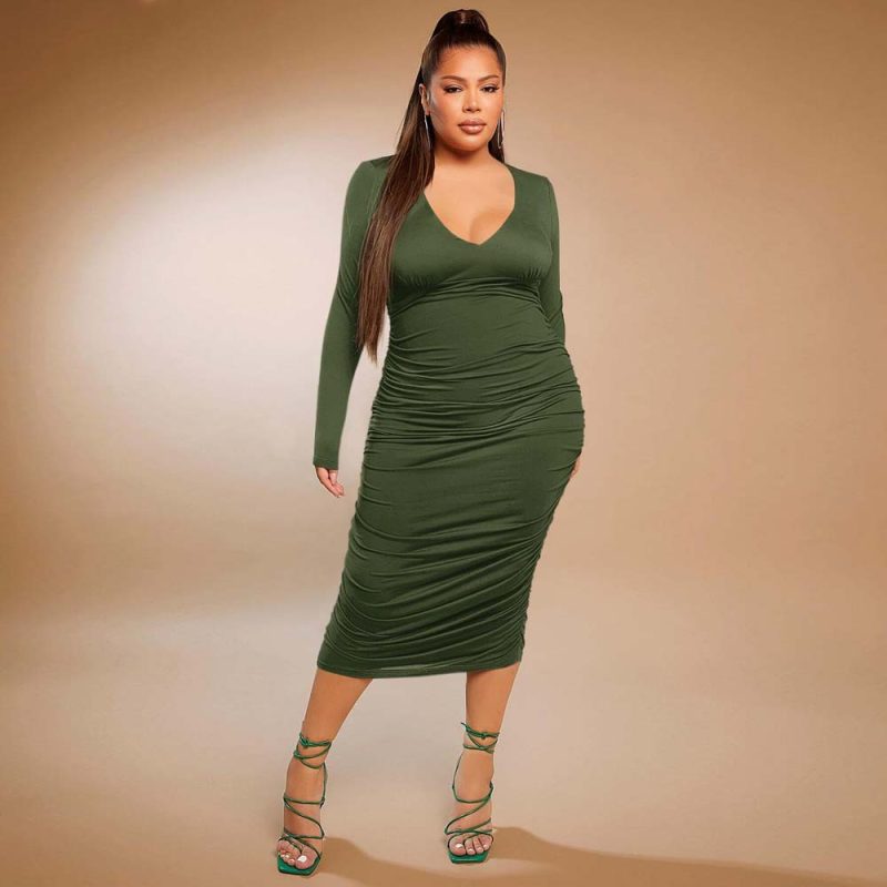 Plus Size Sexy V-Neck Pencil Dress - High Waist & Ruched, Autumn/Winter