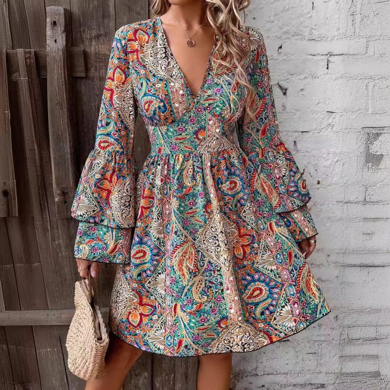 Elegant Floral Print V-Neck Dress - Autumn/Winter Flare Sleeves - Image 4