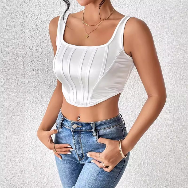 Sexy Satin Corset Vest - Imitation Boning, Show Chest Design - Image 3