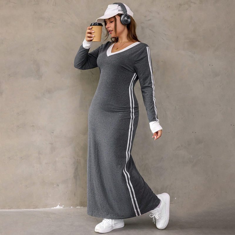 Plus Size Contrast Color Maxi Dress for Autumn Winter