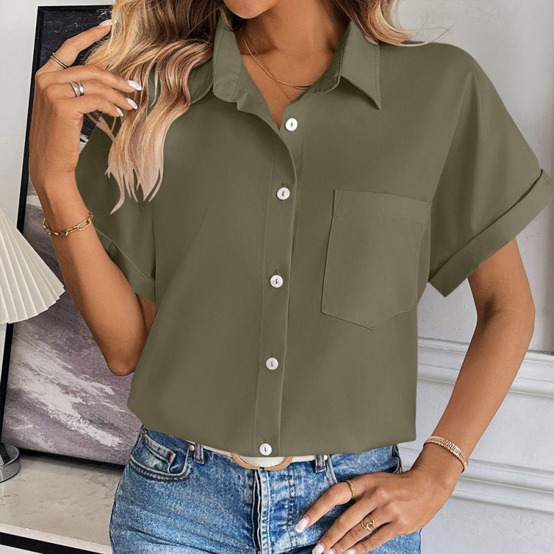 Casual Loose Solid Color Short Sleeve Shirt for Women - Image 3
