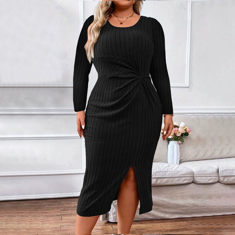 Plus Size Elegant Pleated Dress - Autumn/Winter