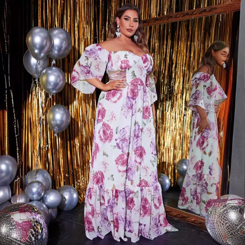 Plus Size Off Shoulder Chiffon Printed Dress with Waist Cutout and 3/4 Sleeves - Image 3