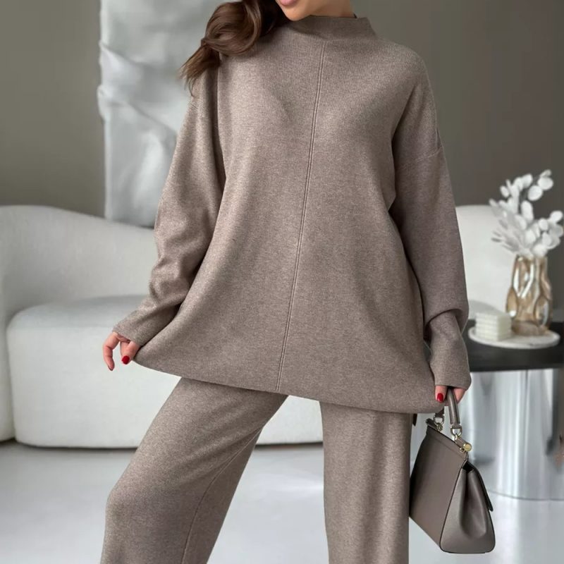 Stand Collar Sweater & Wide Leg Pants Set - Autumn/Winter - Image 4
