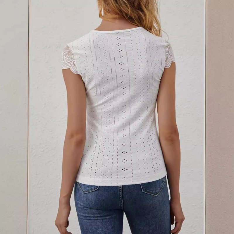 Fan Shaped V Neck Buttoned Lace Stitching Top - Short Sleeve - Image 2