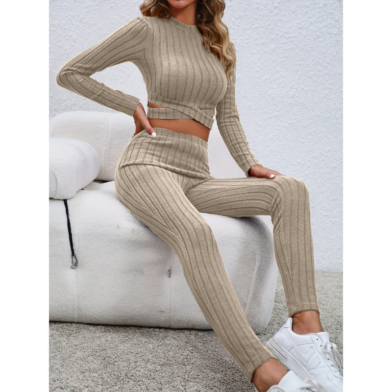 Autumn Solid Color Top & Trousers Set - Slim Fit - Image 3