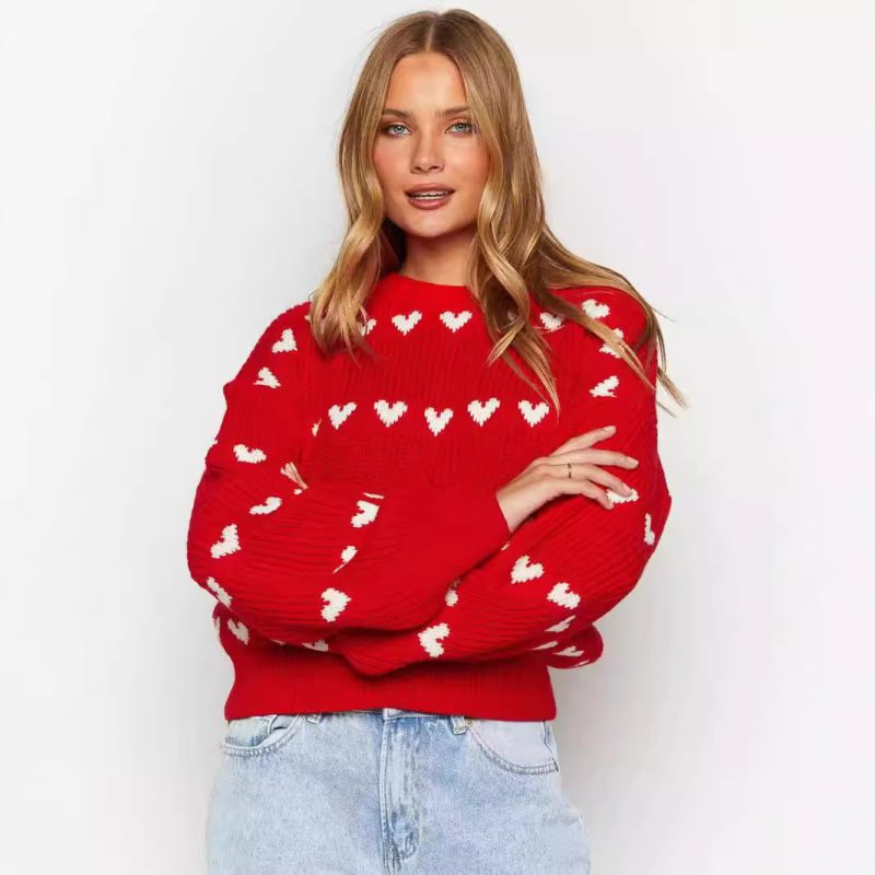 Love Heart Jacquard Sweater - Two-Color Contrast Long Sleeve - Image 4