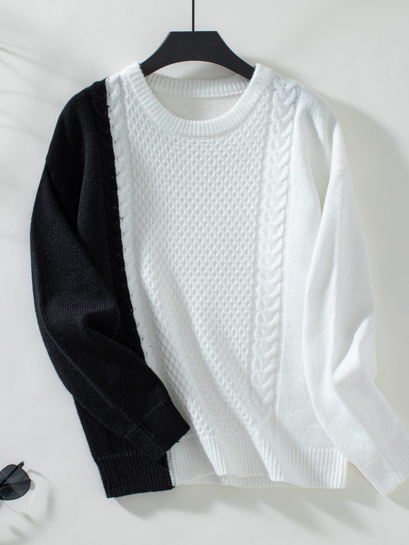 Contrast Color Twisted Sweater - Round Neck Autumn Winter Top - Image 6