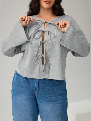 Plus Size Sexy Lace-Up Cardigan Top – Loose Fit, Autumn/Winter