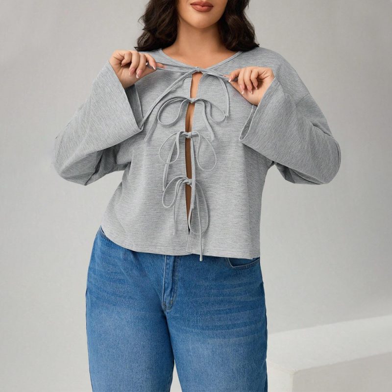 Plus Size Sexy Lace-Up Cardigan Top - Loose Fit, Autumn/Winter