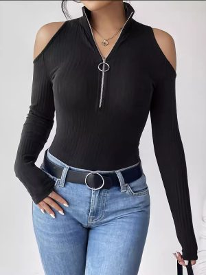 Slimming Off-Shoulder Ribbed Stand Collar Long Sleeve Top