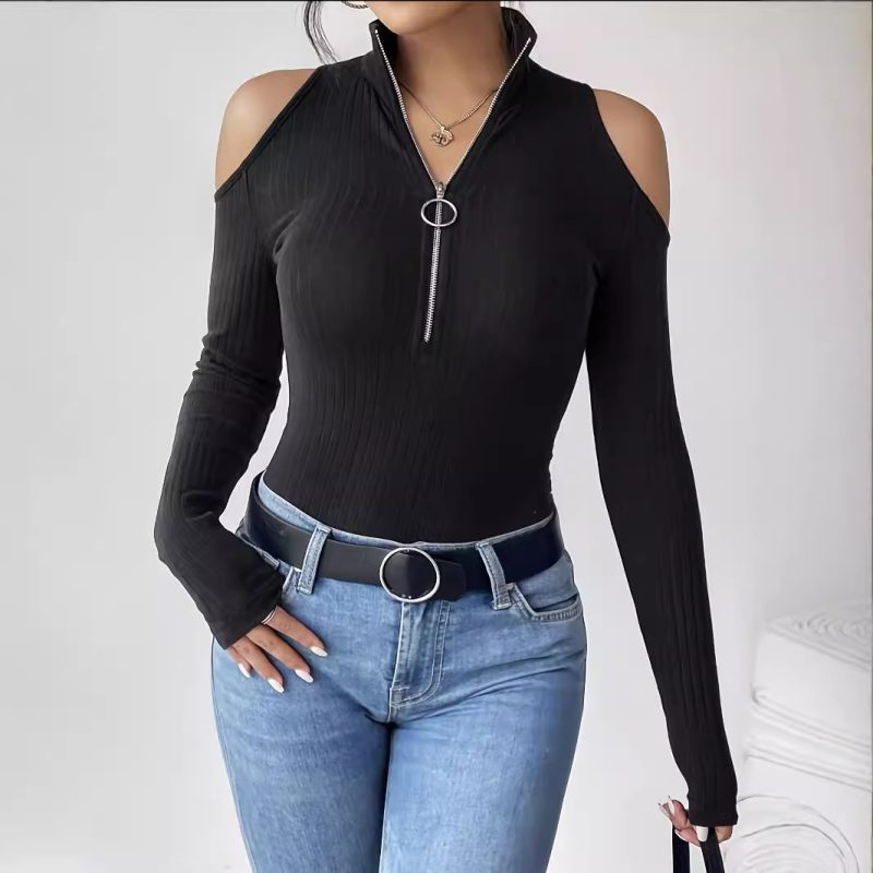 Slimming Off-Shoulder Ribbed Stand Collar Long Sleeve Top