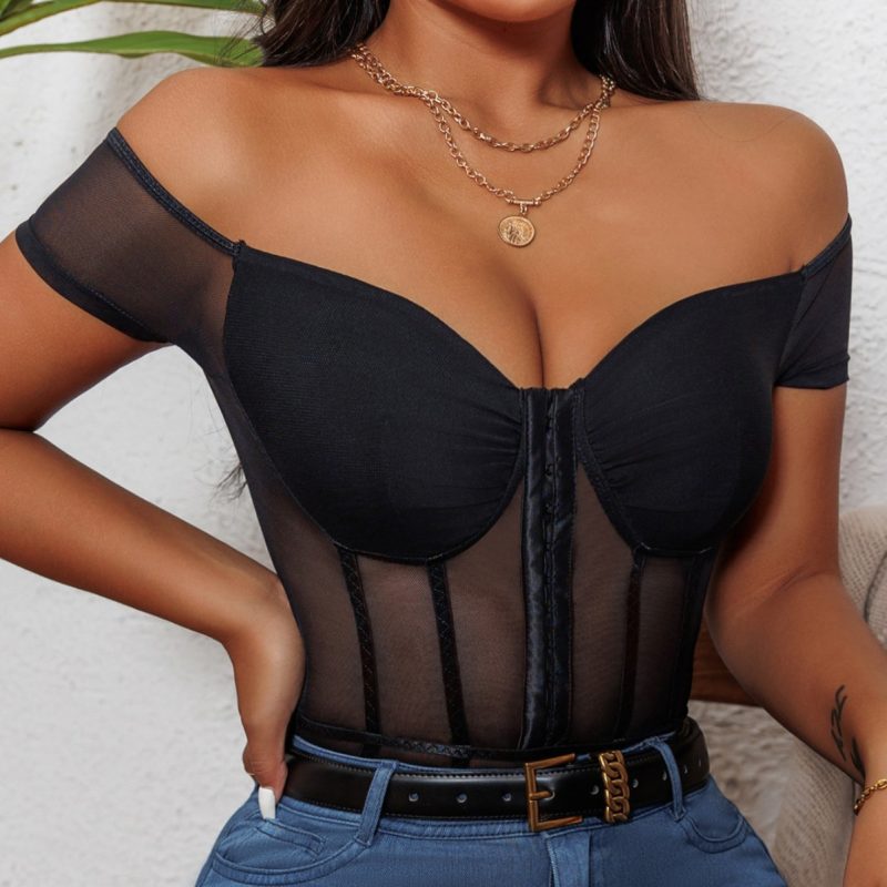 Black Mesh See-Through Off-Shoulder Jumpsuit - Sexy Design - Image 2