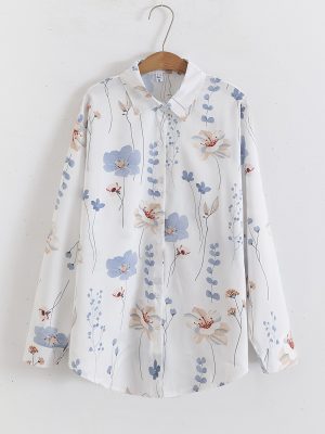 Floral Print Loose Collared Long Sleeve Shirt – Women’s Top