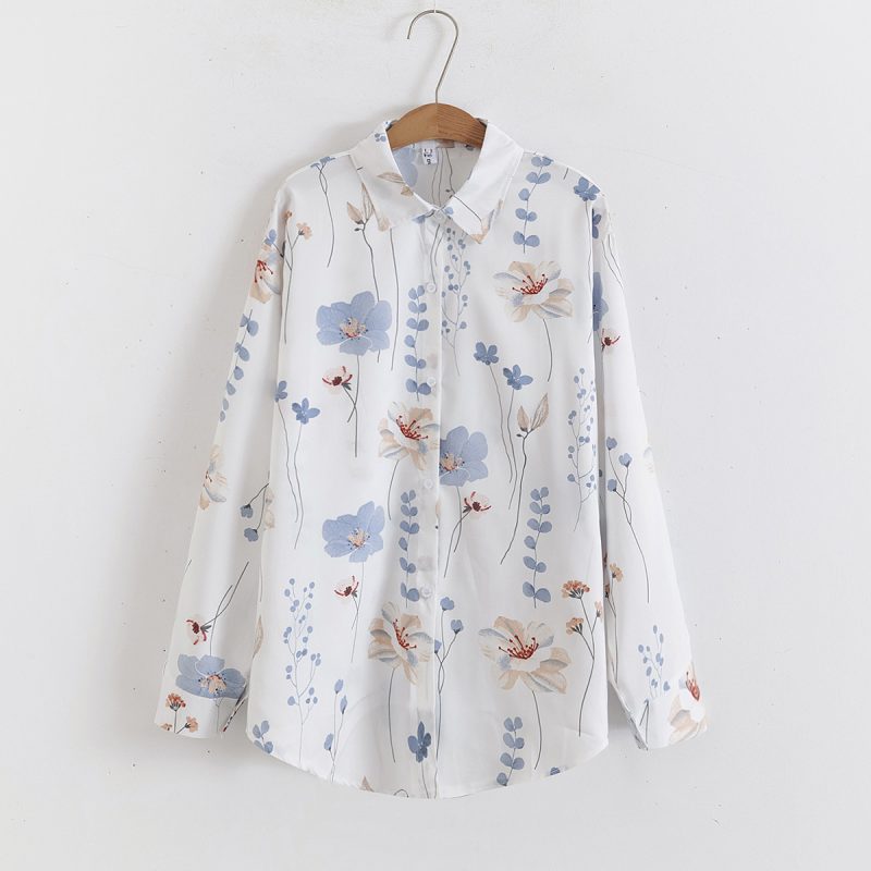 Floral Print Loose Collared Long Sleeve Shirt - Women’s Top