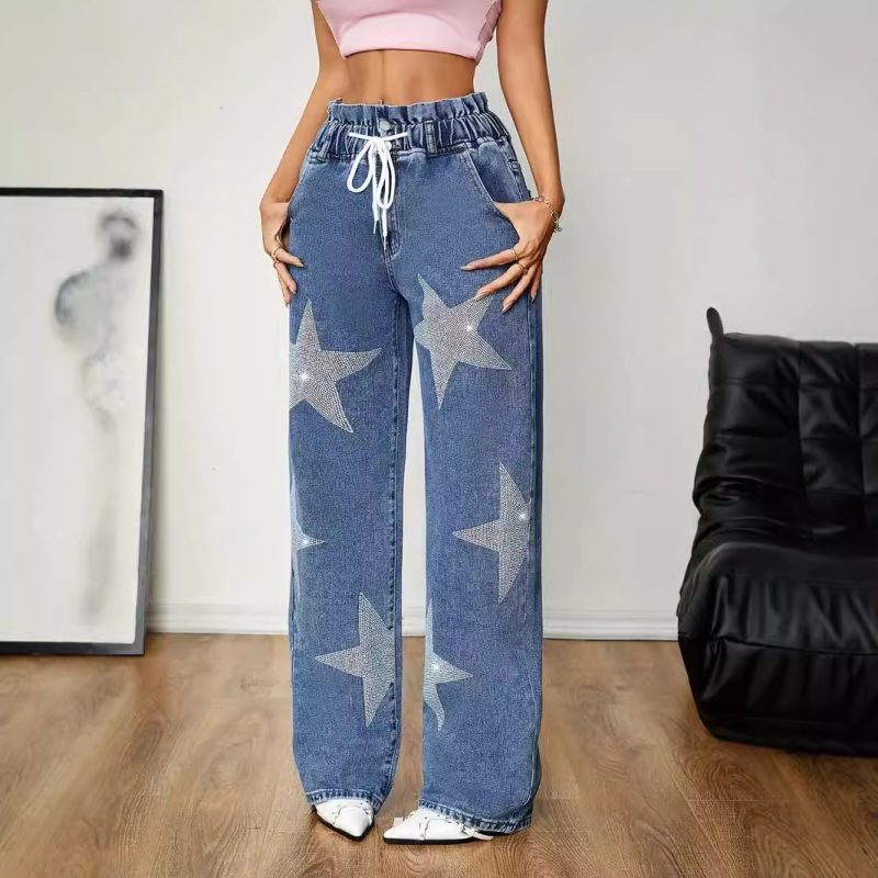 Star-Embroidered Wide-Leg Jeans - Retro High-Street Style - Image 2