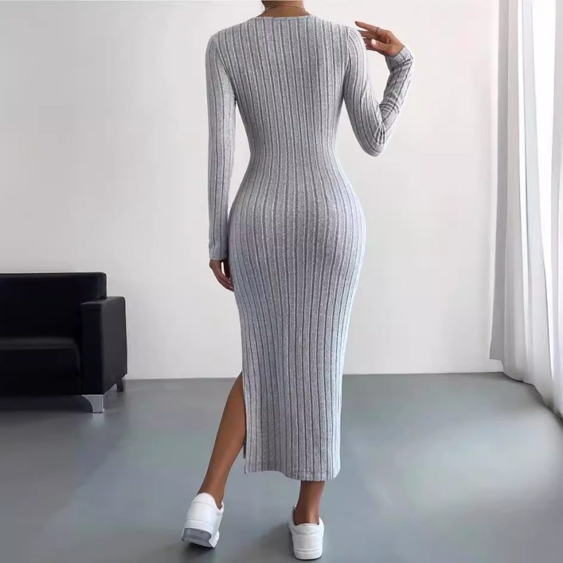 Long Sleeve Crew Neck Split Maxi Dress - Autumn/Winter - Image 2