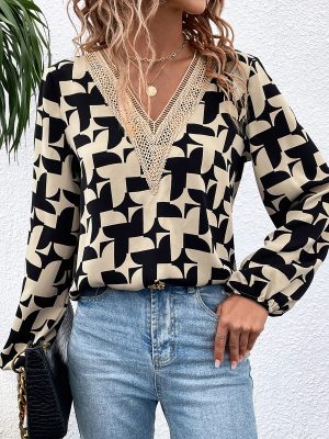 V-Neck Printed Shirt with Long Sleeve and Drawstring Detail