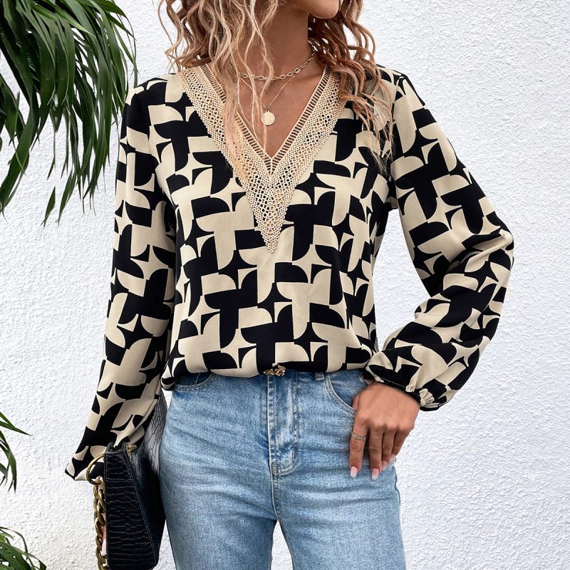 V-Neck Printed Shirt with Long Sleeve and Drawstring Detail