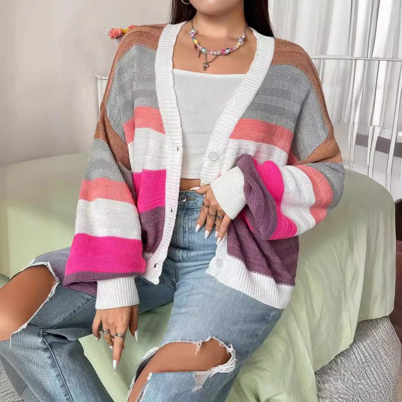 Striped Cardigan Coat - Buckle-Free Knit for Autumn/Winter