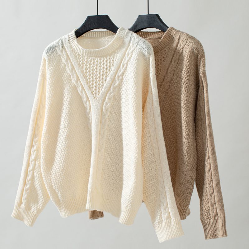 Solid Color Hollow Out Pullover - Retro Twisted Autumn Winter Sweater - Image 5