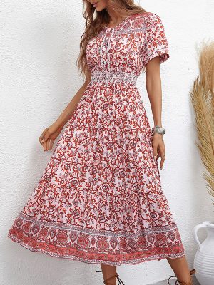 Printed Slim Fit Dress – Short Sleeve Women’s Summer Dress