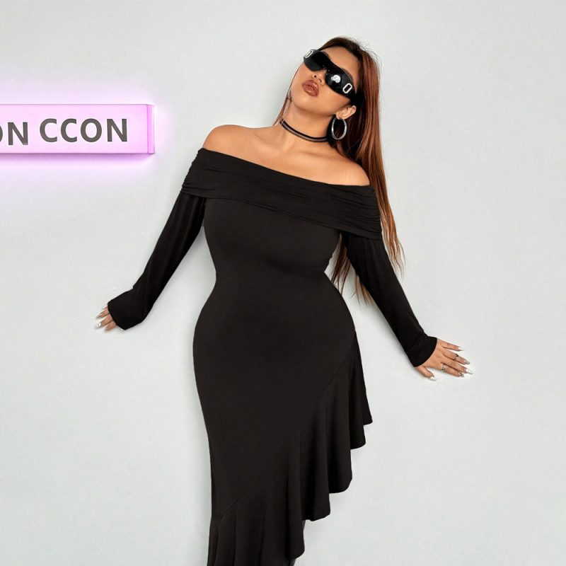 Elegant Boat Collar Midi Dress - Autumn/Winter