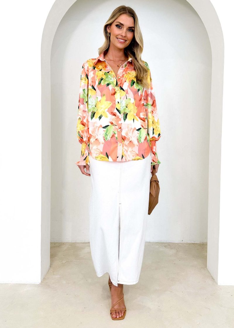 Printed Loose Lapel Top with Bishop Sleeves - Autumn Winter