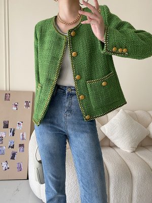 French Classic Elegant Green Short Shoulder Coat – Early Autumn Style