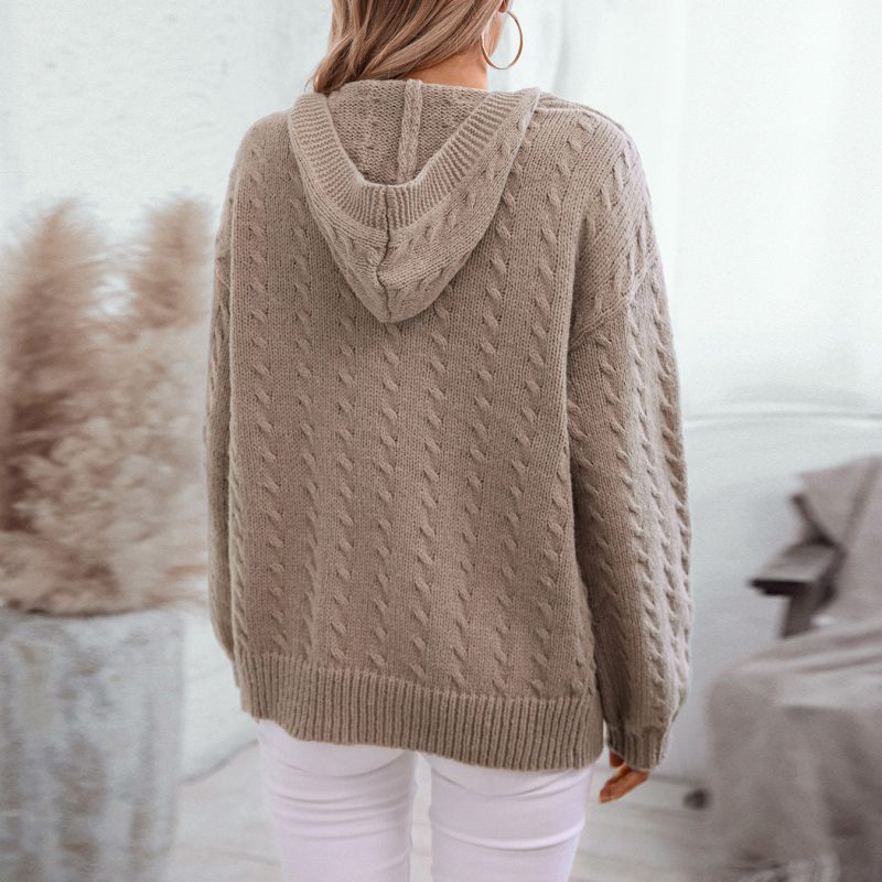 Solid Color Hooded Knit Cardigan - Retro Long Sleeve - Image 2