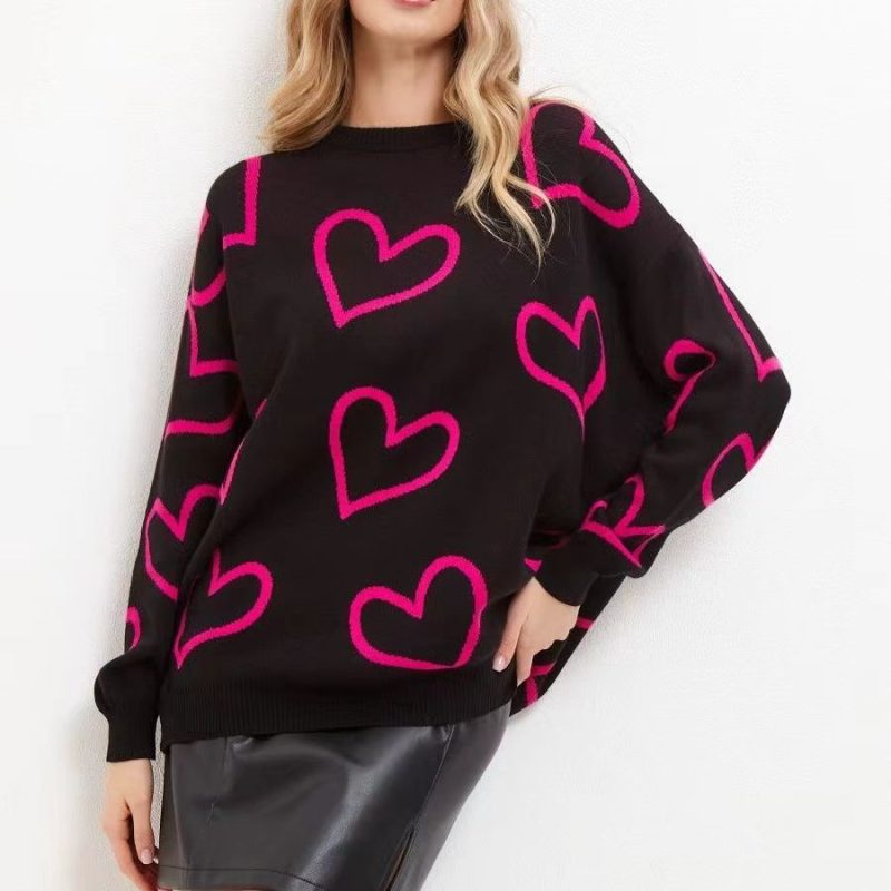 Round Neck Love Contrast Sweater - Loose Fit Winter Pullover - Image 4