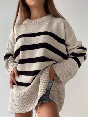 Casual Striped Crew Neck Pullover – Loose Fit Autumn Winter Sweater