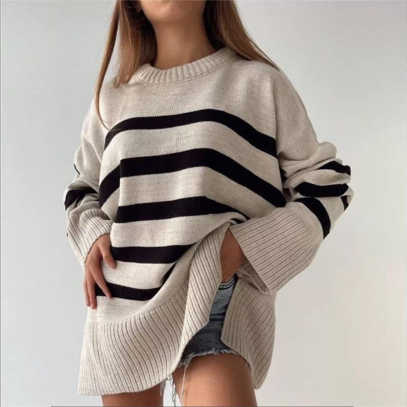 Casual Striped Crew Neck Pullover - Loose Fit Autumn Winter Sweater