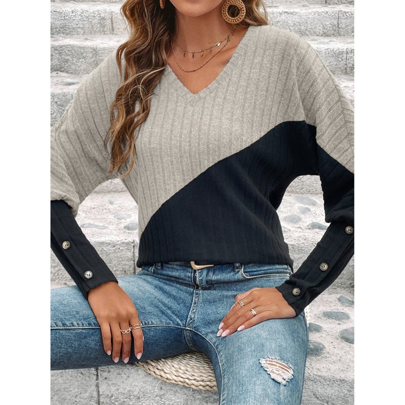 Autumn Long Sleeve Contrast Color Cinched Pullover