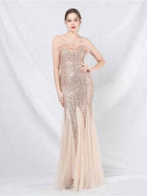 Ostrich Feather & Sequin Mesh Evening Dress