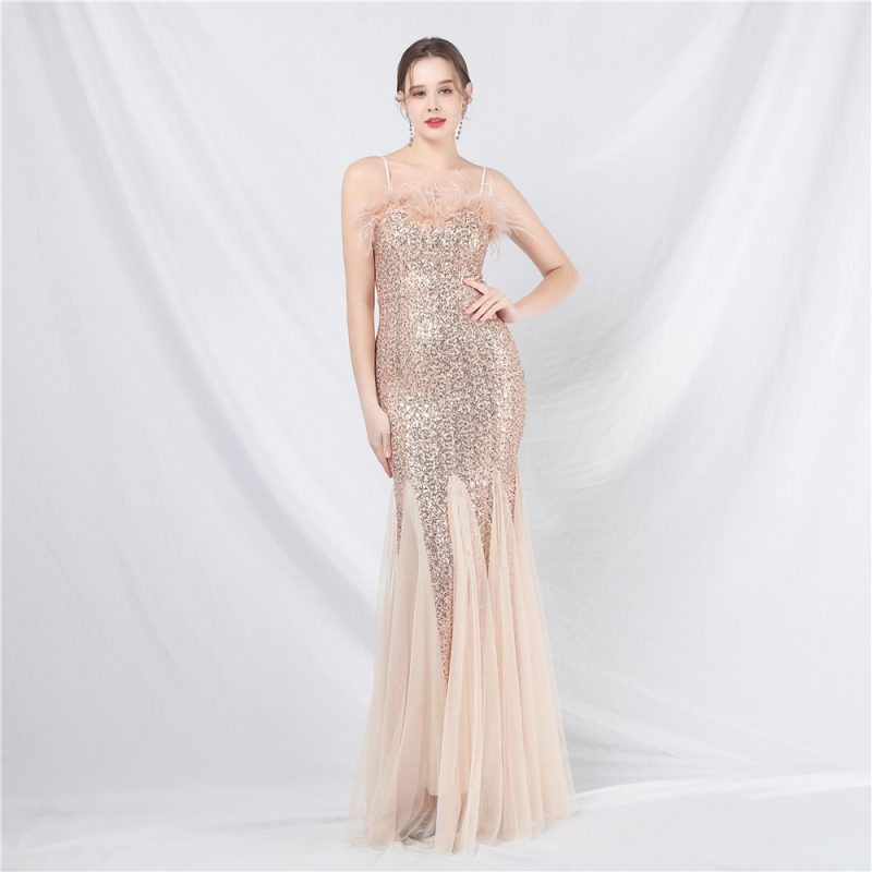 Ostrich Feather & Sequin Mesh Evening Dress