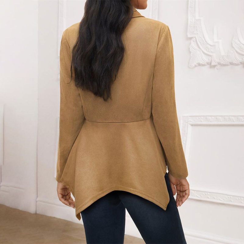 Elegant Asymmetric Suede Jacket - Collared & Loose Long Sleeve - Image 4