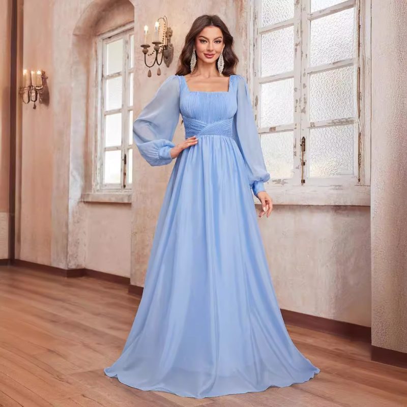Spring Summer Women’s Chiffon Square Collar Lantern Sleeve Ground Dress