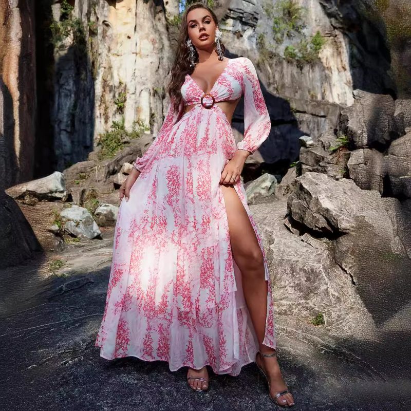 Sexy Chiffon Printed Long Sleeve Hollow Out Cutout Split Maxi Dress - Image 4
