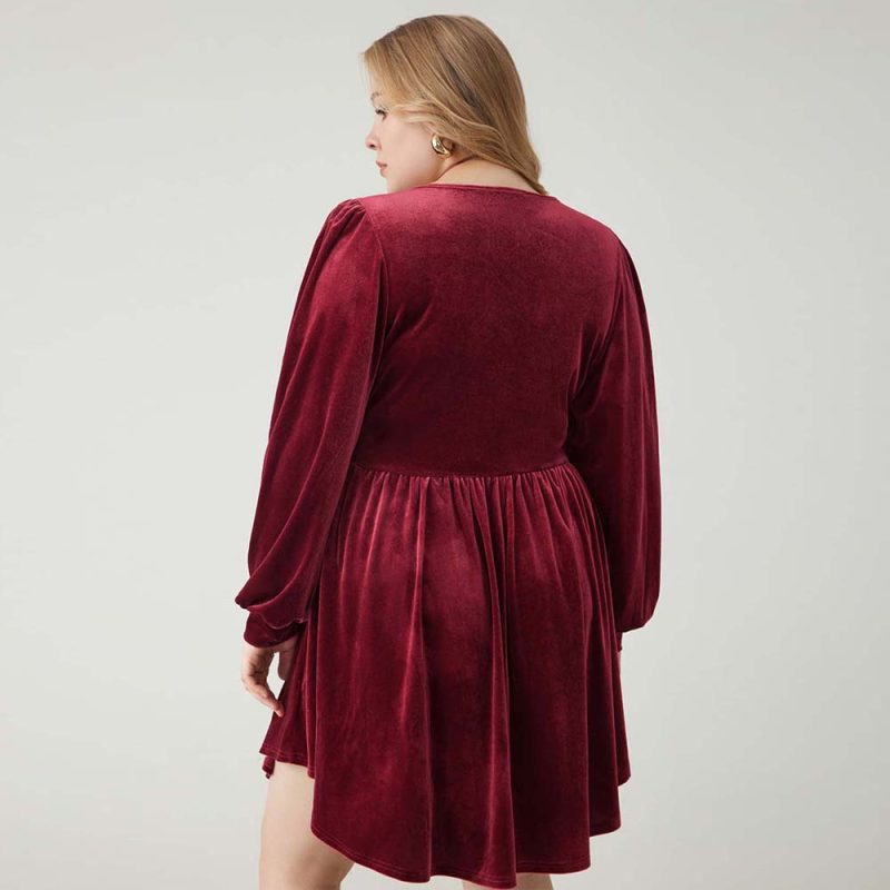 Plus Size V-Neck High Waist Wine Red Elegant Dress - Image 2