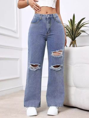 Women’s High-Waist Wide-Leg Denim Trousers – Trendy & Loose