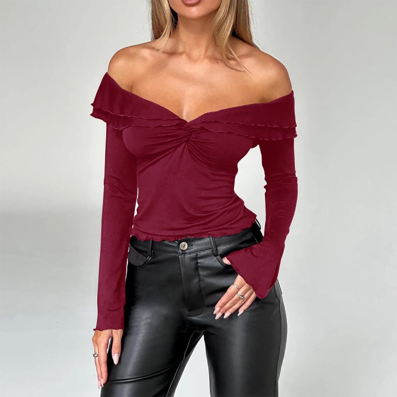 Women’s Autumn Winter Off-Shoulder Solid Color Long Sleeve Knitted Top - Image 3